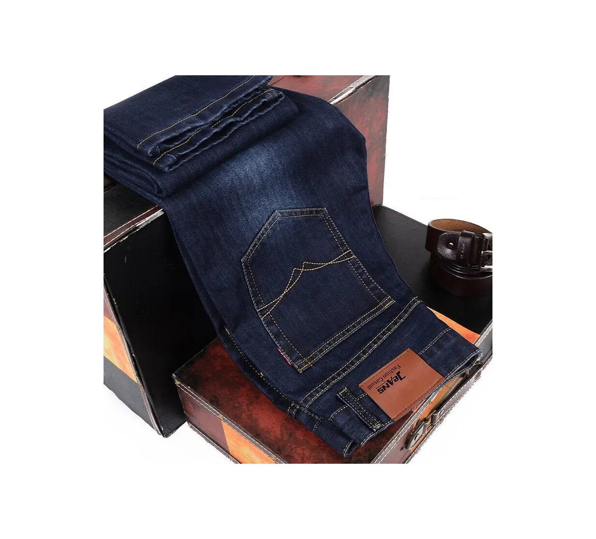 جديد ربيع 2025 جينز ضيق كلاسيكي ضيق للرجال نمط الشارع غير رسمي جينز ضيق للرجال بقصة ضيقة من قماش الدنيم الأزرق #6