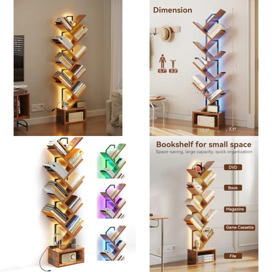 

Tree Bookshelf with LED Lights, Narrow Bookcase for Small Spaces, Tall Steel and Wood Storage Shelf with Cabinet, Home Decor an