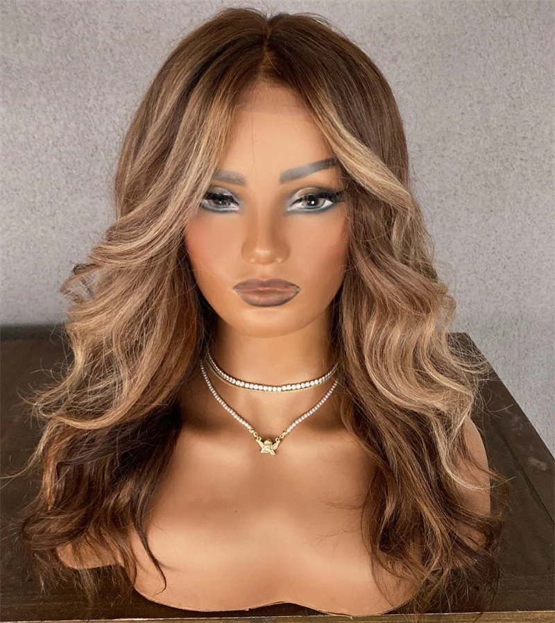 

Высококачественный синтетический парик 13x4 Balayage Ombre Коричневый светлый парик с темными корнями Синтетический смешанный парик из человеческих волос Предварительно выщипанная линия волос