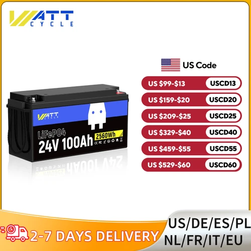 ポータブルリチウム電池Wattcycle-LiFePO4 V,100Ah,統合100A,bms,2560wh,RV,海洋用途,オフグリッド用