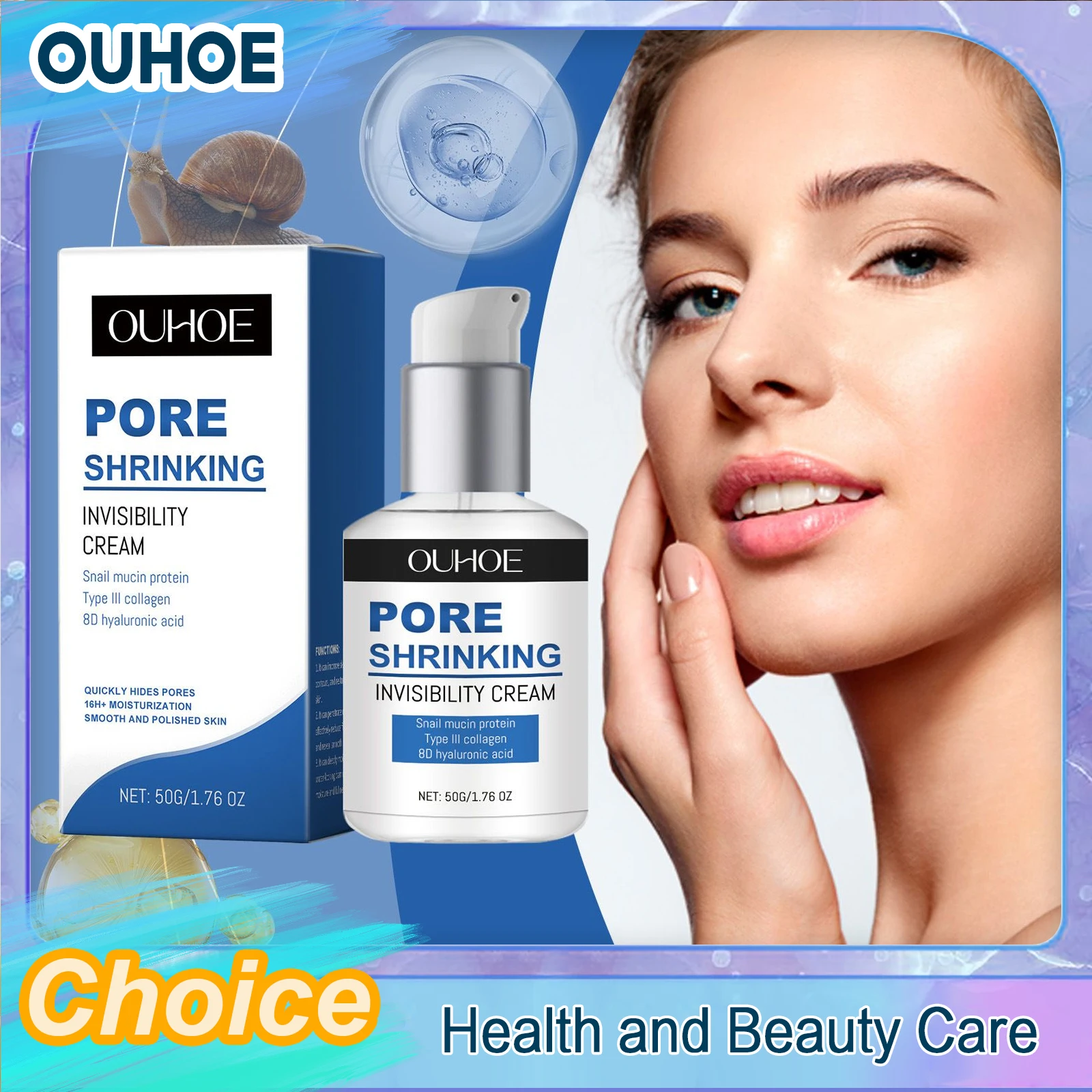 Pore Shrinking Face Cream Large Pores Blackehead Removal Moisturizer Whiten Anti Aging Snail Mucin Protein Hyaluronic Acid Cream