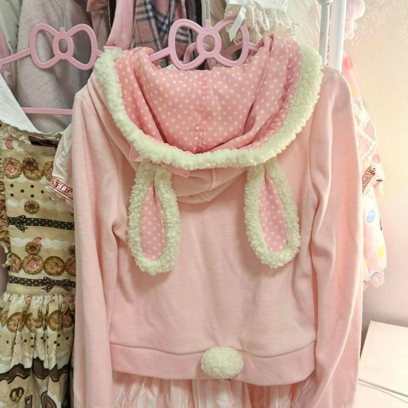 Japanese Kawaii Polka Dot Rabbits Ears Hoodies Bow Pocket Lace Patchwork Women Sweet Hoody Y2k Aesthetic Pink Zipper ​Sweatshirt view 4