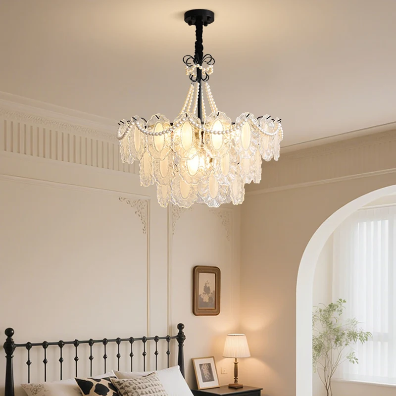 프랑스 레트로 진주 유리 샹들리에 북유럽 럭셔리 크리스탈 펜던트 조명 포스트 모던 거실 식탁 조명 장식
