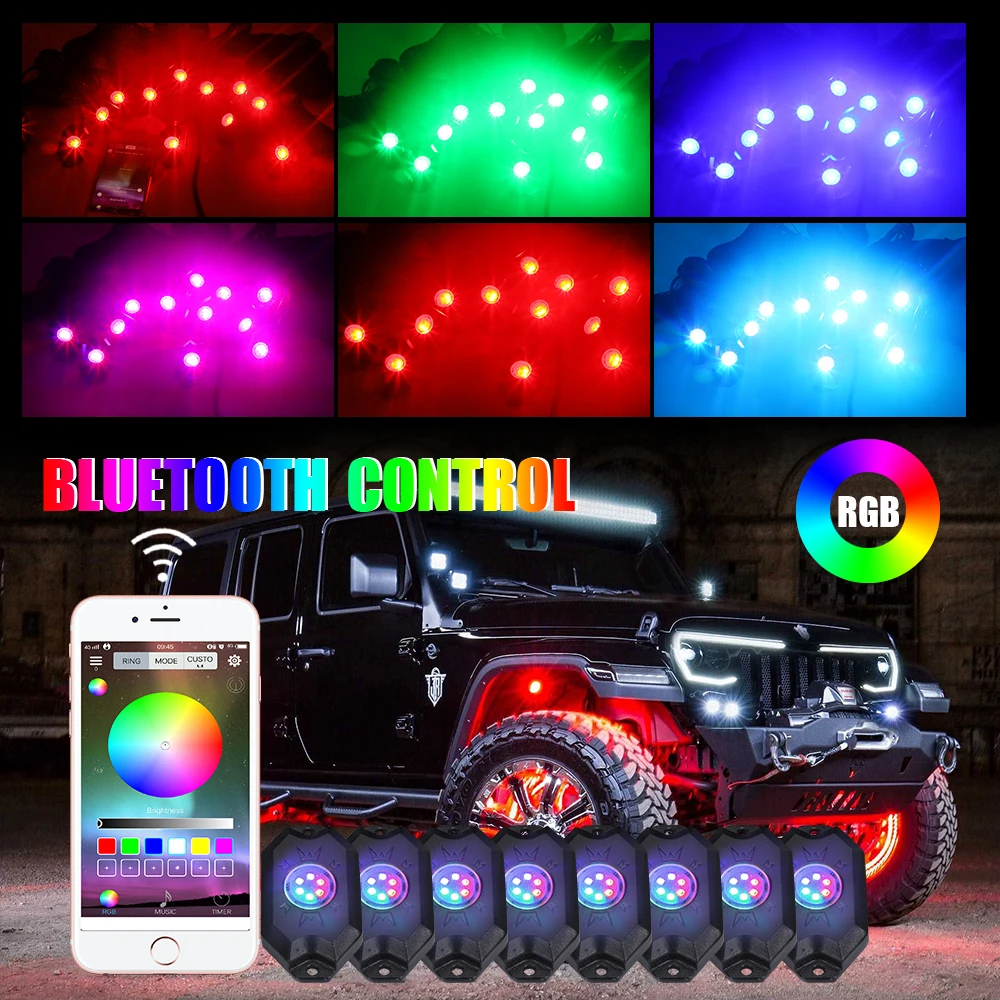 Factory Price App Bluetooths Control 4 Pods 8 Pods RGB LED Rock Lights for Jeep Offroad Truck ATV SUV Rock Light