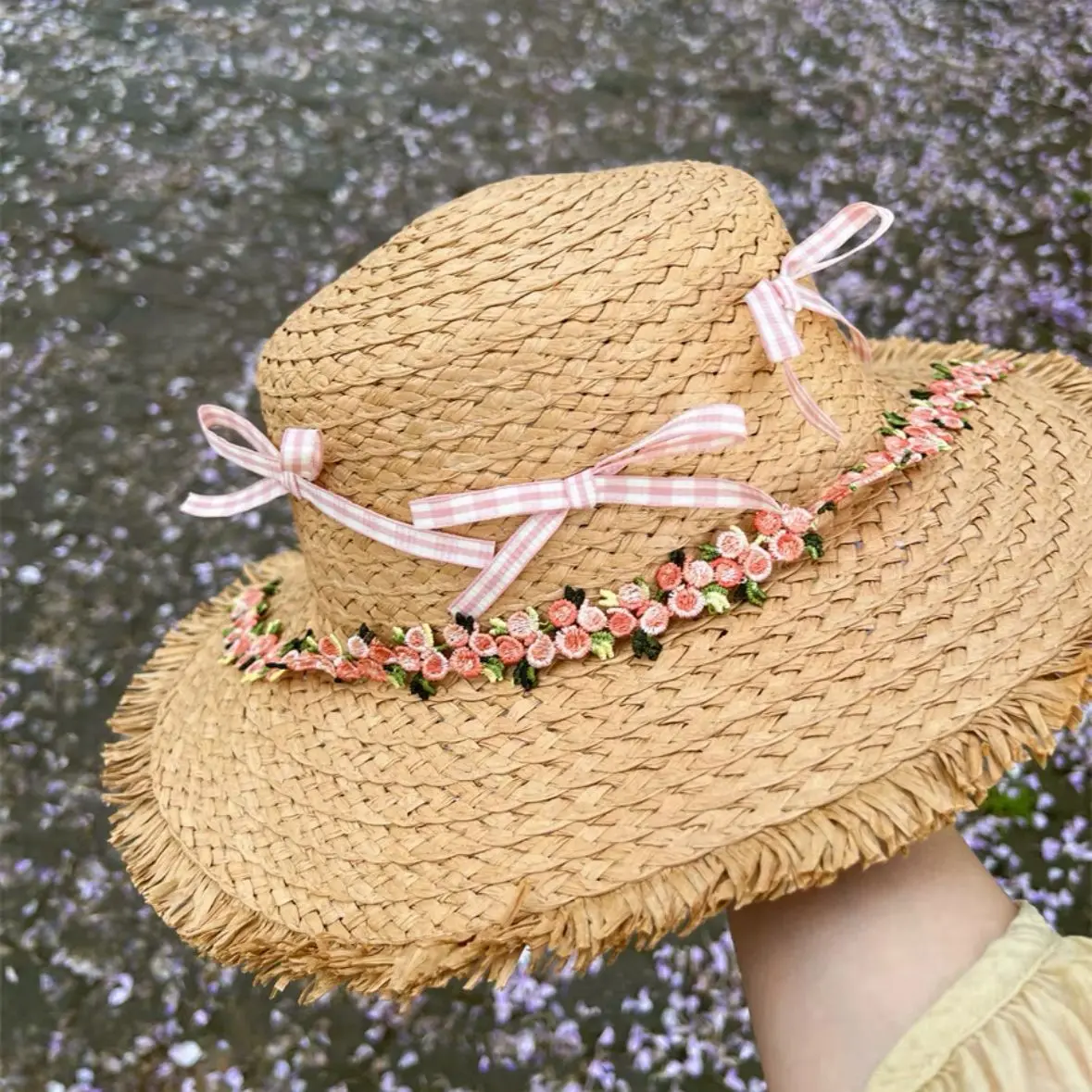 Sombreros de paja con cinta a cuadros para mujer, gorra de viaje, protección solar, ala ancha, accesorios de ropa