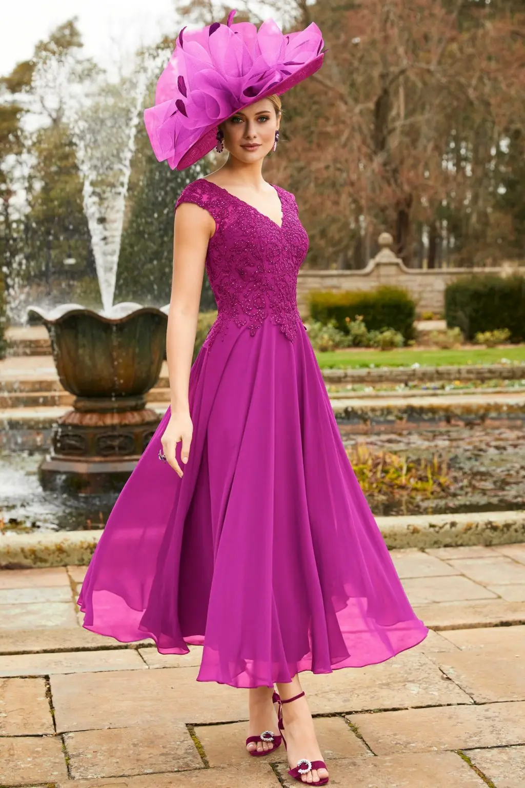 

purple V-neckline lace appliques cap sleeve beautiful soft exquisite A-line Mid Length Chiffon Skirt Mother of the Bride Dresses