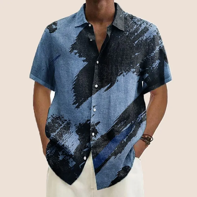 Ink graffiti gradient pattern printed short-sleeved shirt Fashionable high-end design lapel men's tops new men's shirts