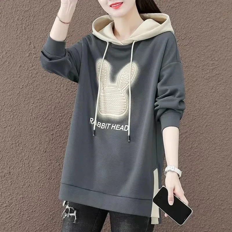 Spring Autumn Mid-Long Casual Hoodie 2024 New Drawstring Hooded Women's Clothes Top Fashion Printing Pullover Hoody Female