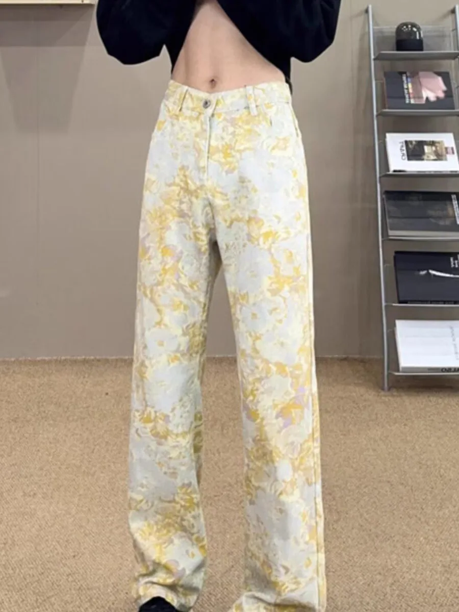 

Джинсы унисекс в стиле ретро с вышивкой и эффектом тай-дай, желтые, прямые, свободного кроя, повседневные, весна-осень, люкс, чистый стиль