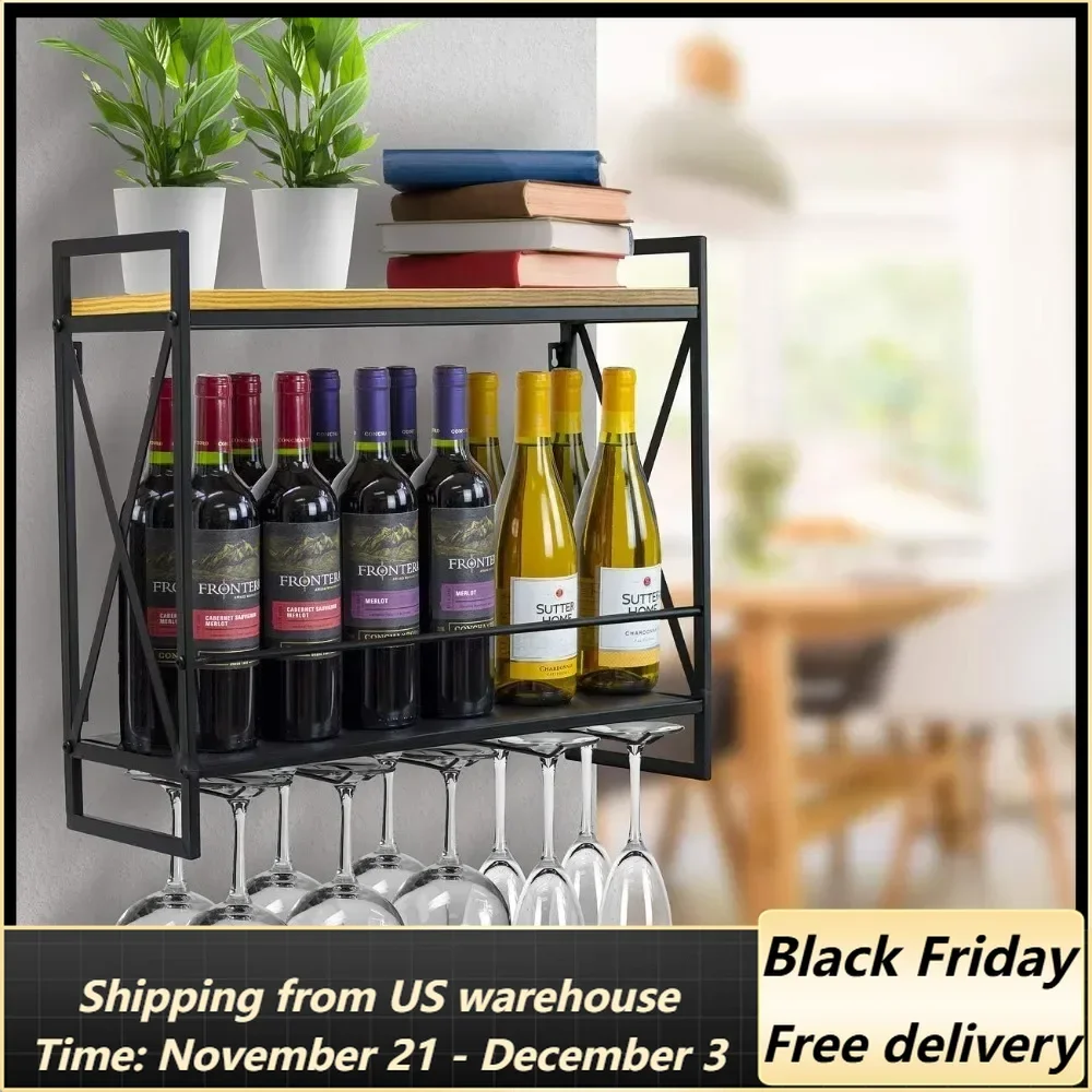 2-Tier Wood Wine Rack, Wall Mounted， Wine Racks with 5 Stem Glass Wine Holders