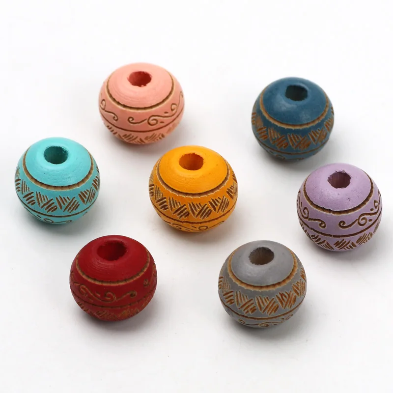 Trend Round Balls Beads With Colored Pattern Wood Beads 10mm 10pcs Natural Wooden Beads For DIY Jewelry Making Beads Accessories