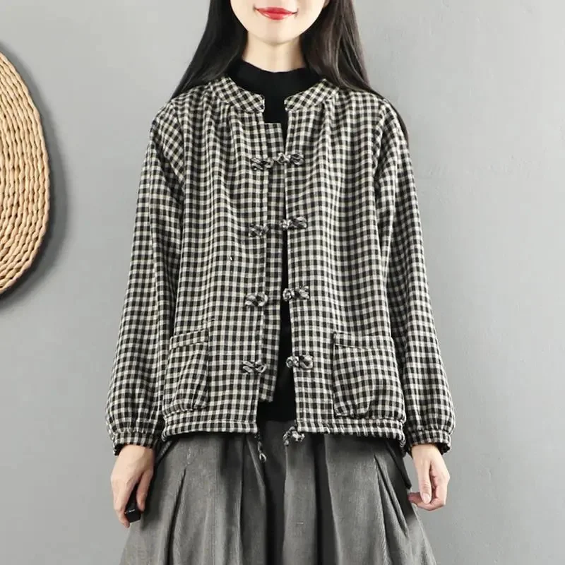 Y2K Spring Autumn Casual Jacket 2024 New Single-Breasted Round Collar Women's Clothes Top Fashion Coil Buckle Plaid Coat Female