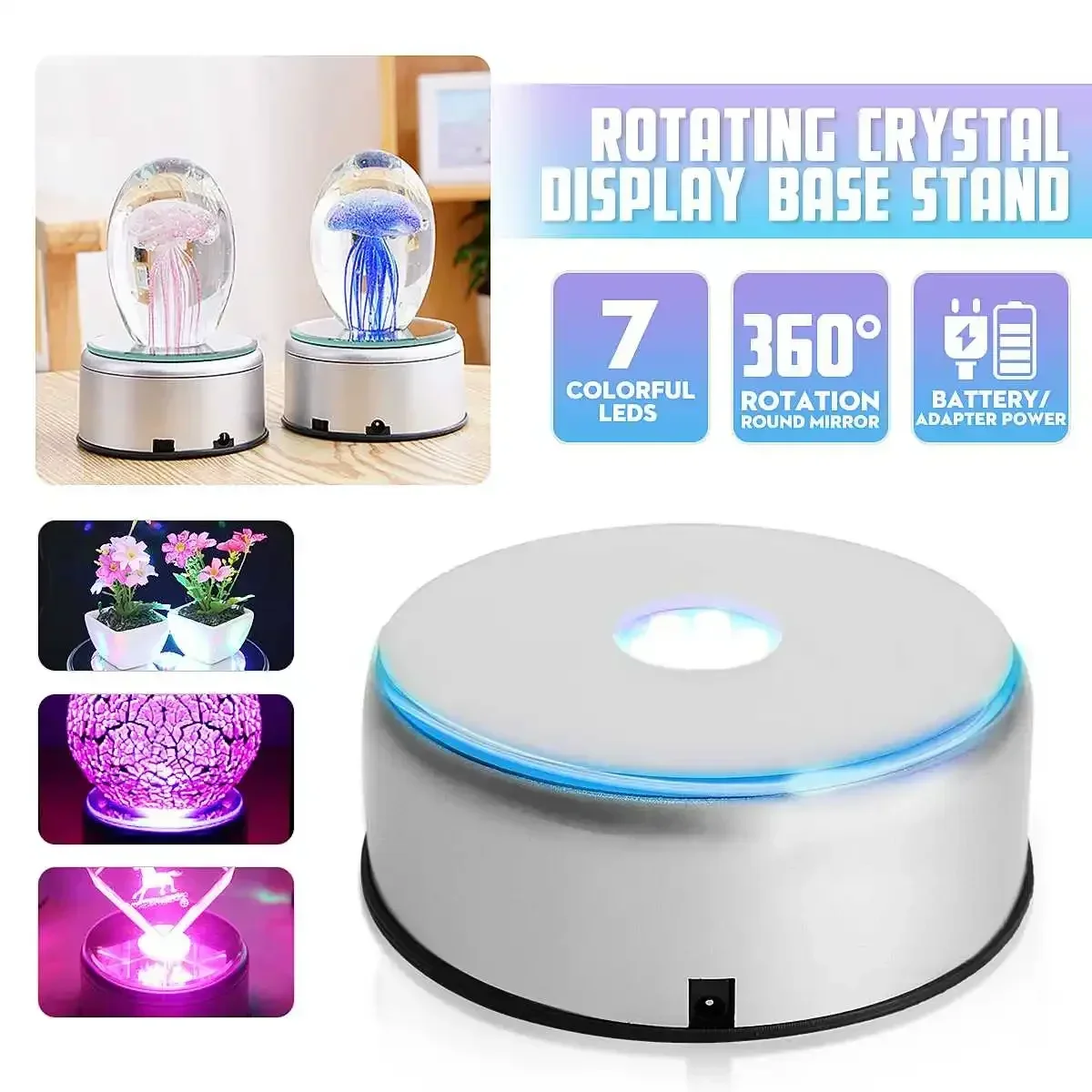 7 LED Light Colorful Luminous Base  Electric Light Rotating Base Display Stand Crystal Light Base Ornament with Adapter