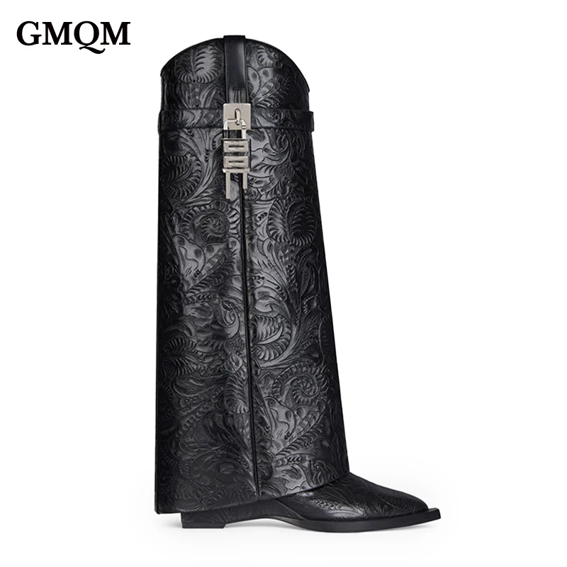 GMQM Black Fashion Printed Wedgs Boots Women New The Knee Boots Shark Lock Retro Pattern High Heels Big Size 43 Designer