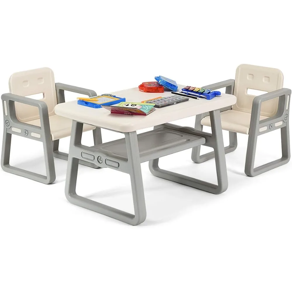 Juego de mesa y silla para niños, mesa de actividades y 2 sillas con estante de almacenamiento para artes, manualidades, lectura, dibujo, sala de juegos