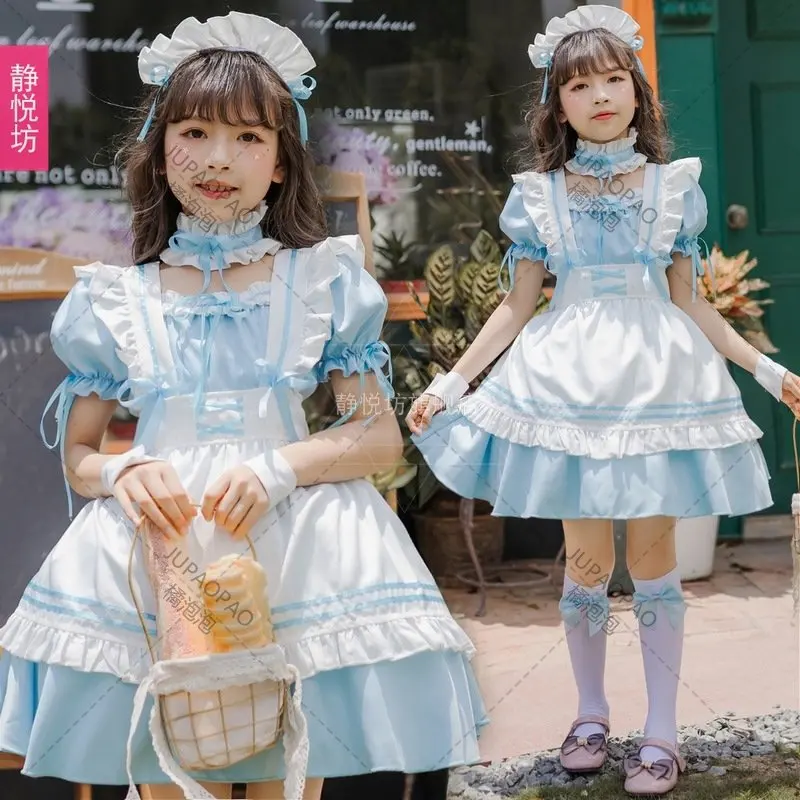 New Kids Lovely Maid Cosplay Costumes Girls Anime Lolita Princess Dress Short Sleeve Ruffle with Headwear Neckwear Suit