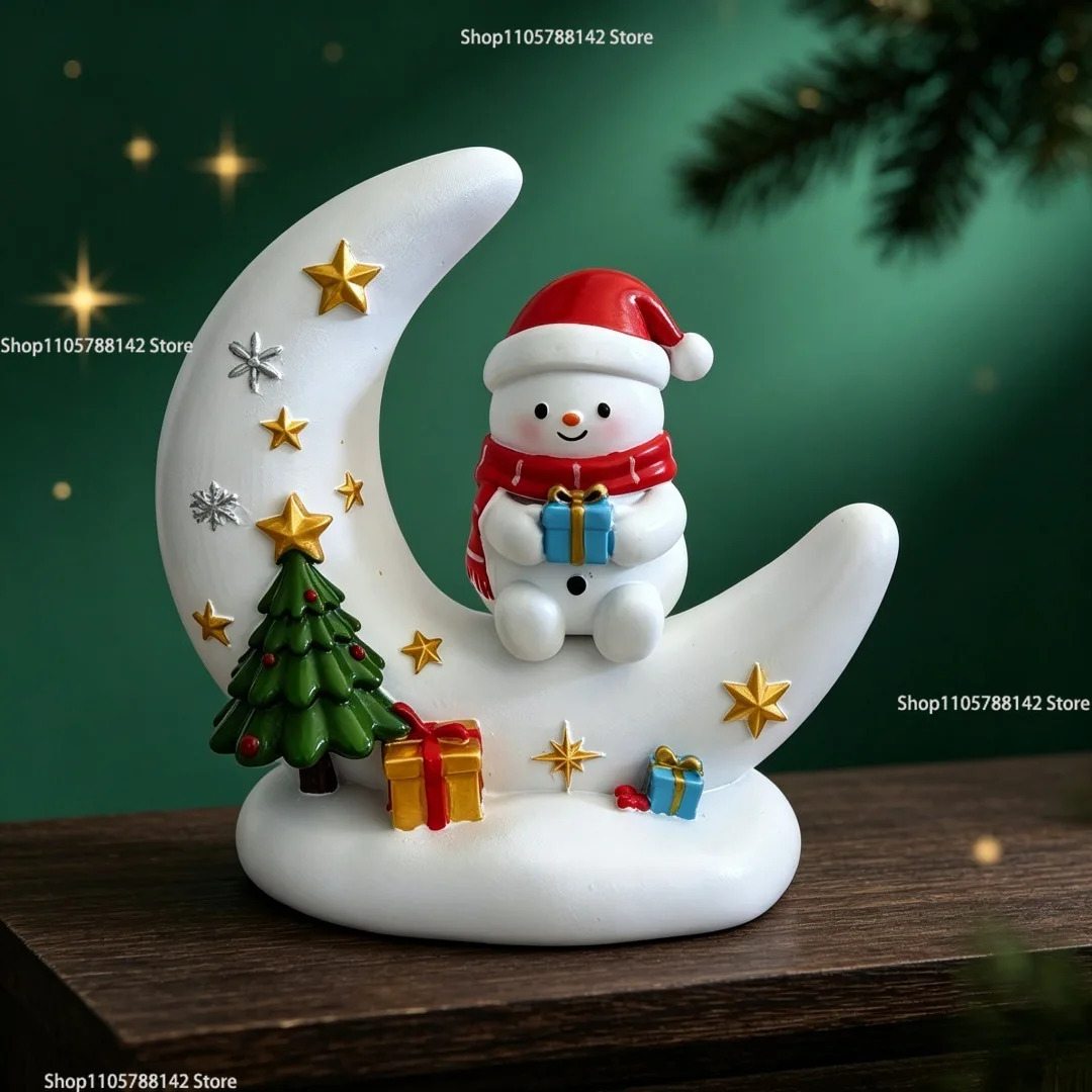 Christmas Snowman Moon Figurine, Resin Christmas Night Light with Warm White Glow Ornament Festive Holiday Desktop