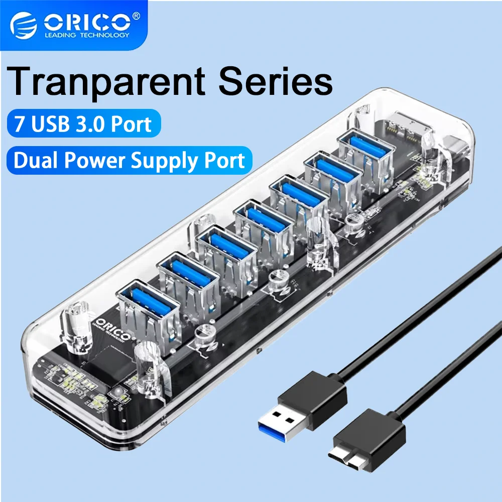 ORICO 4/7 Port USB HUB Transparent Series USB3.0 Adapter Splitter mit Micro USB Power Port für Laptop-Zubehör OTG-Adapter