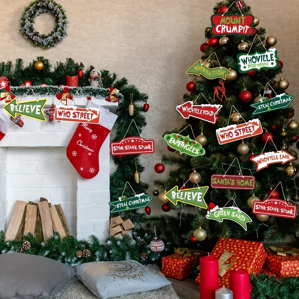12PCS Christmas Whoville Tree Ornaments Decorations Xmas Large Paper Crafts Tree Hanging Ornaments Signs for Christmas Welcome