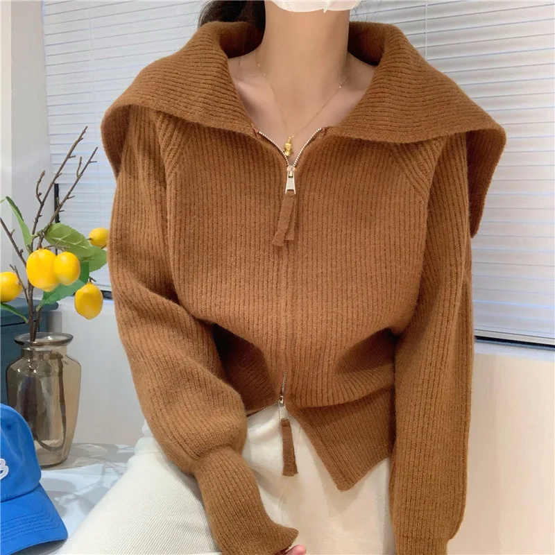 Large Lapel Knitted Cardigan for Women 2025 Autumn/Winter New Design Sense Short Double-zipper Sweater Coat Autumn/winter