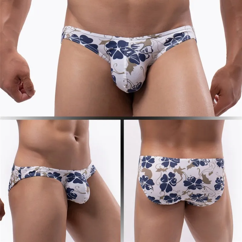 3PCS Sexy Men Cotton  Briefs Summer Underwear Flower Print U Convex Thin Breathable Low Waist Underwear Bikini Slip Underpants