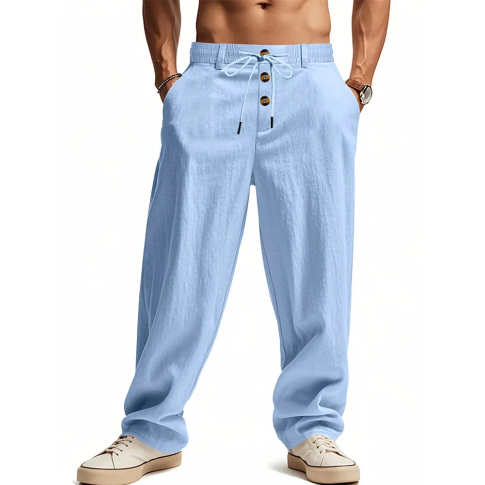 Autumn New Men's Cotton Pants Solid Color Button Drawstring Design Casual Loose Fit Cozy Trousers Simple Style Long Pants