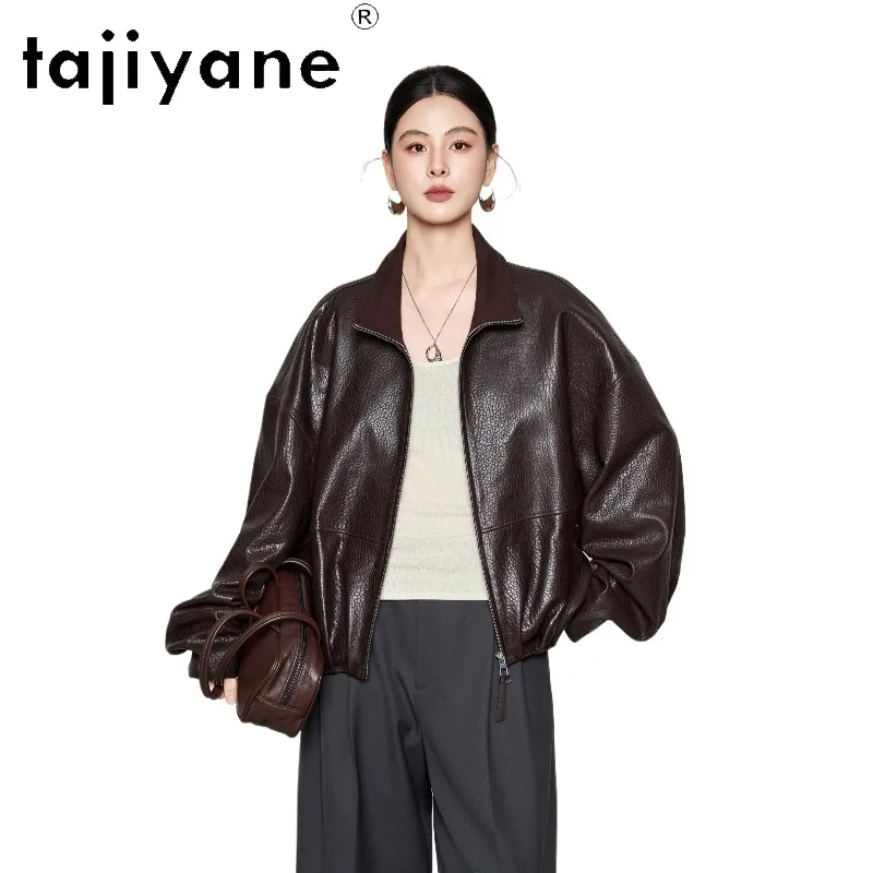 TAJIYANE Thin Sheepskin Bubble Leather Jacket Woman Genuine Leather Coat Oversized Outerwear Batwing Sleeve Jacket of Woman 자켓