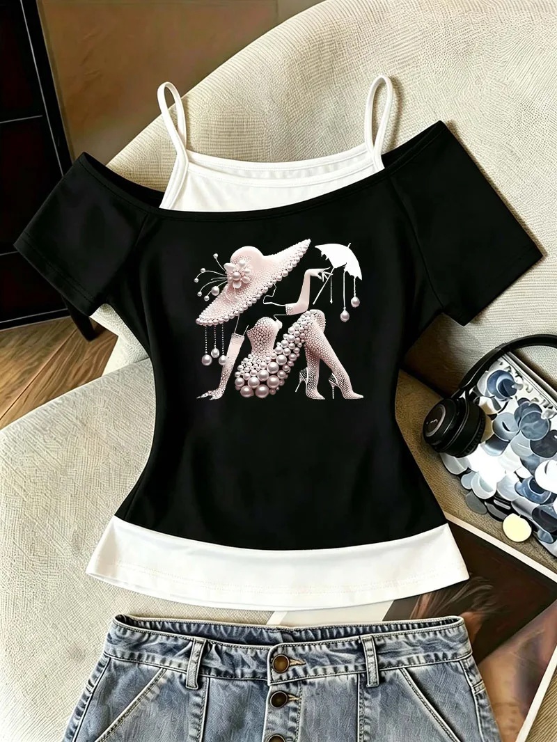 Modisches Retro-Damen-T-Shirt mit Print, 90er-Jahre-Harajuku-Off-Shoulder-T-Shirt, 2000er-Jahre-Grafik, schickes Mädchen-T-Shirt, Y2K-Oberteil, T-Shirt