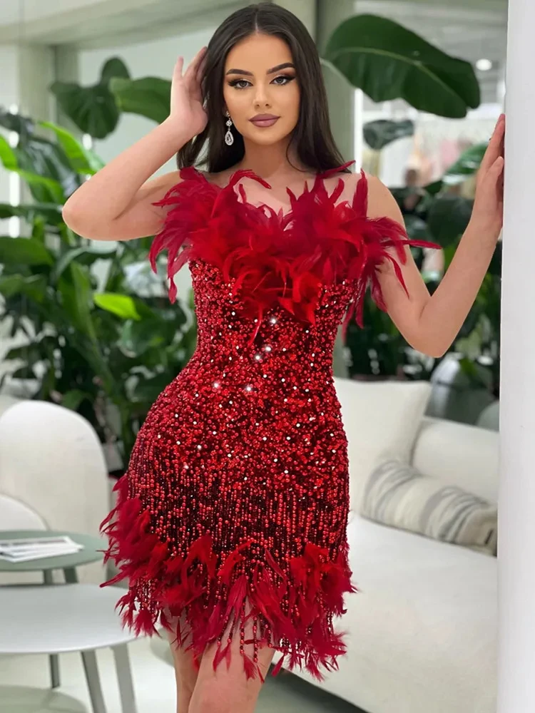 

2024 Women Summer Celebrity Sexy Strapless Feather Mesh Sequins Diamonds Tassel Red Mini Dress Evening Stage Performance Dress