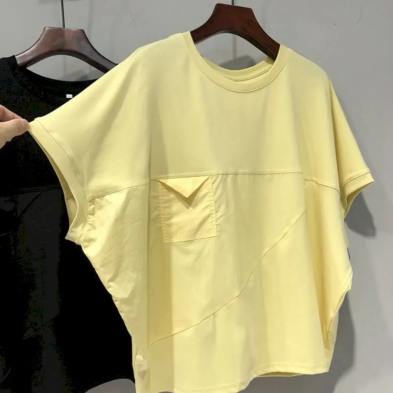 Oversized T Shirts Women Solid Color Patchwork Short Sleeve T-shirt 2024 Summer Trend Loose Casual Bat Sleeve T Shirt Design Top