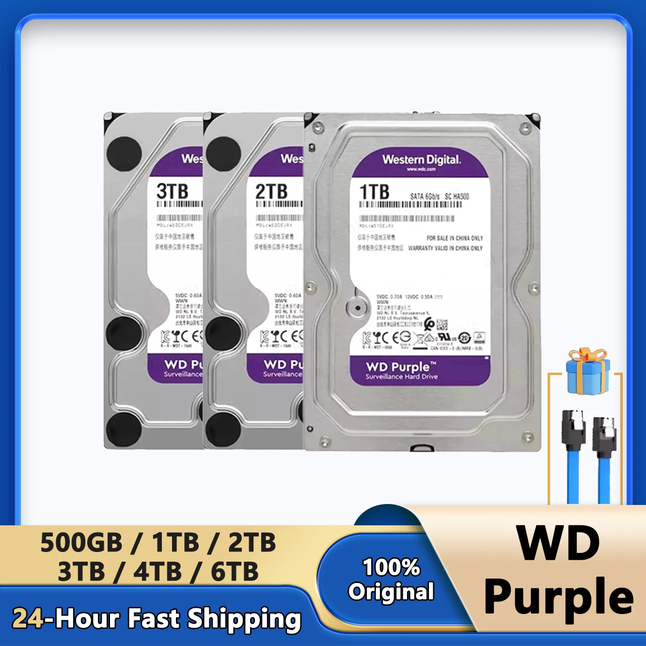 WD Purple 1TB 2TB 3TB 4TB 6TB 3.5" SATA 6.0Gb/s HDD Internal Hard Drive Disk for Security System CCTV DVR NVR Video