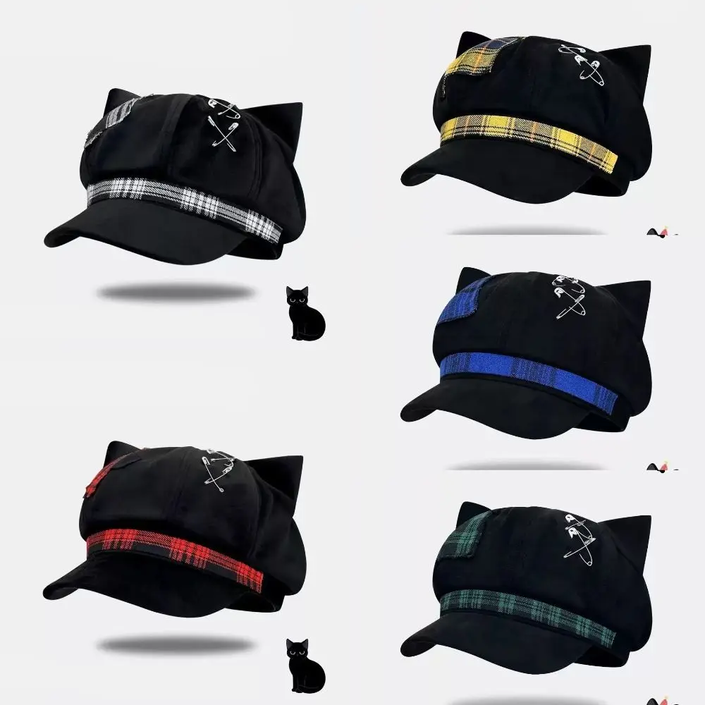 Casual Thin Brim Cat Ears Beret Hat Irregular Y2K Painter Artist Cap Gothic Subculture Plaid Octagonal Hat Girls