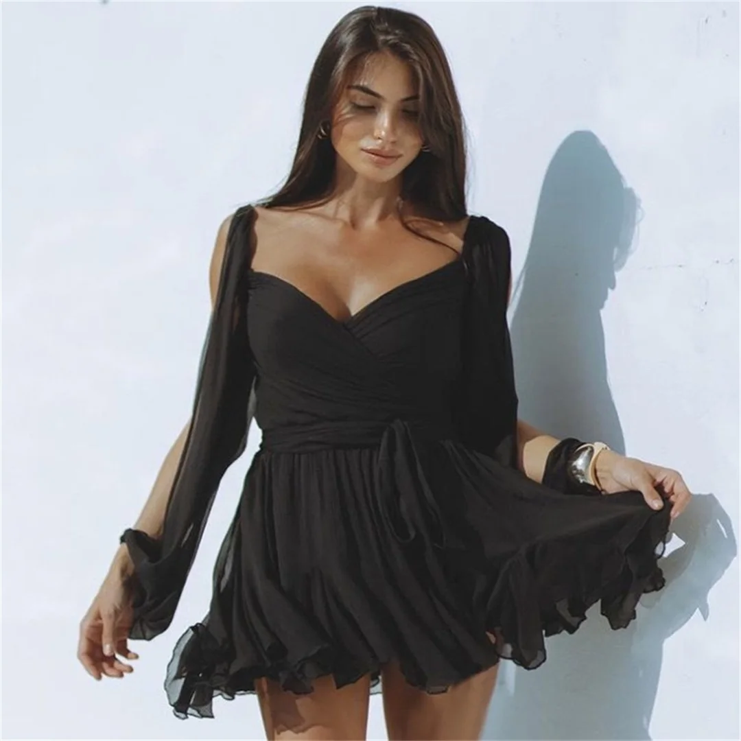 Damen Chiffon-Minikleid mit Rüschen, ausgestellter Schnitt, lange Ärmel, V-Ausschnitt, Strandkleid für den Urlaub, lässiges Boho-Party-Kurzkleid – Detail 3