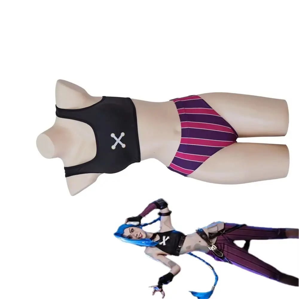 

Game LOL Jinx Cosplay Swimwear Women Girls Summer Sexy Crop Vest Striped Shorts Halloween Carnival Theme Party Bikinis Suits