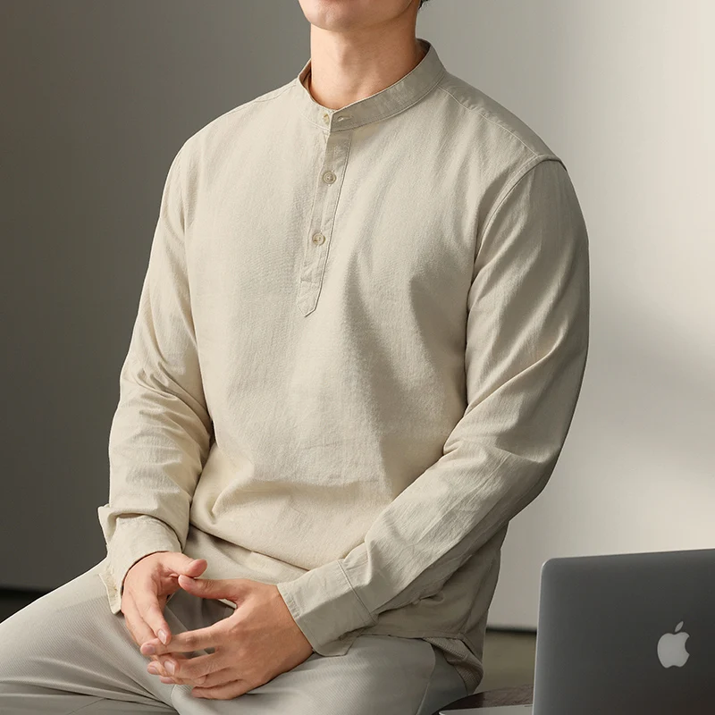 

Spring Autumn Henley Neck Long Sleeve Male Shirts Vintage Retro Casual Everyday Essential Comfort Fit Classic Style Premium
