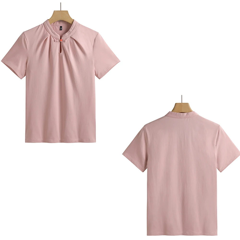 

Розовая женская футболка из чистого хлопка с пряжкой в китайском стиле и воротником-стойкой, летняя новая модная повседневная футболка больших размеров с короткими рукавами