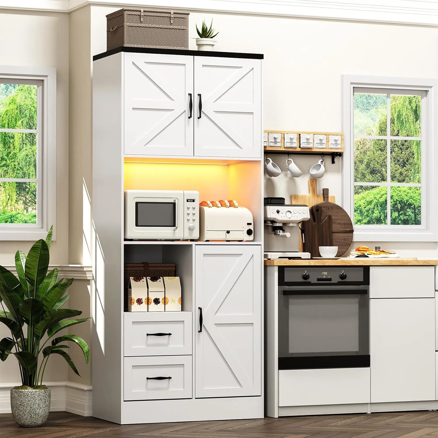 

Kitchen Pantry Storage Cabinet with LED Lights and Power Strip, Tall Farmhouse Kitchen Pantry with Barn Doors and Drawers
