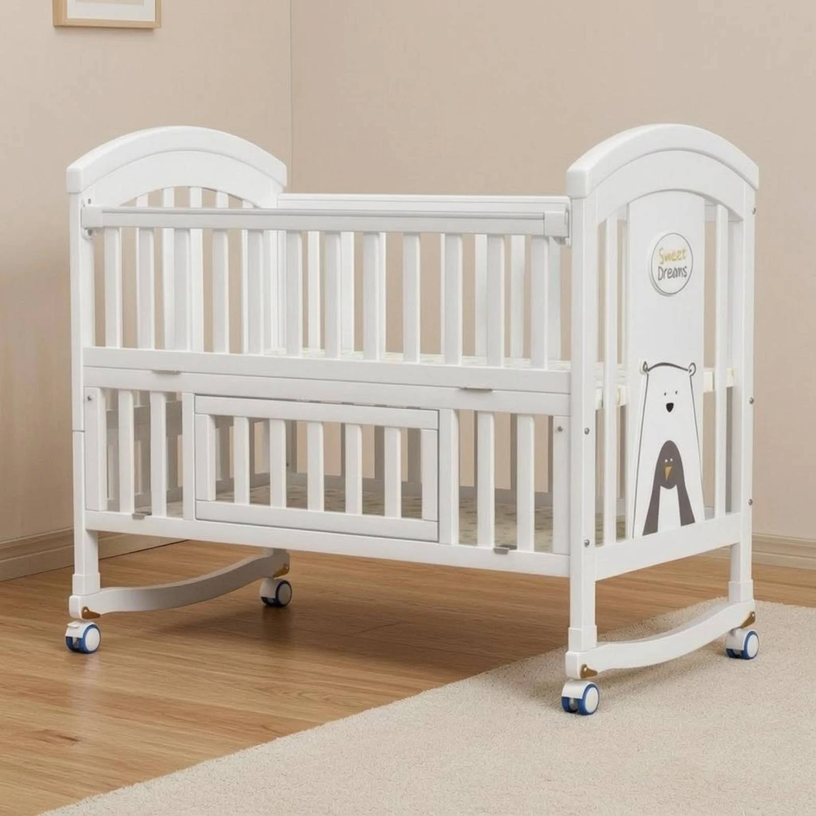 

Solid Wood Crib Movable Baby Crib Bed Multifunctional European Design for Newborns