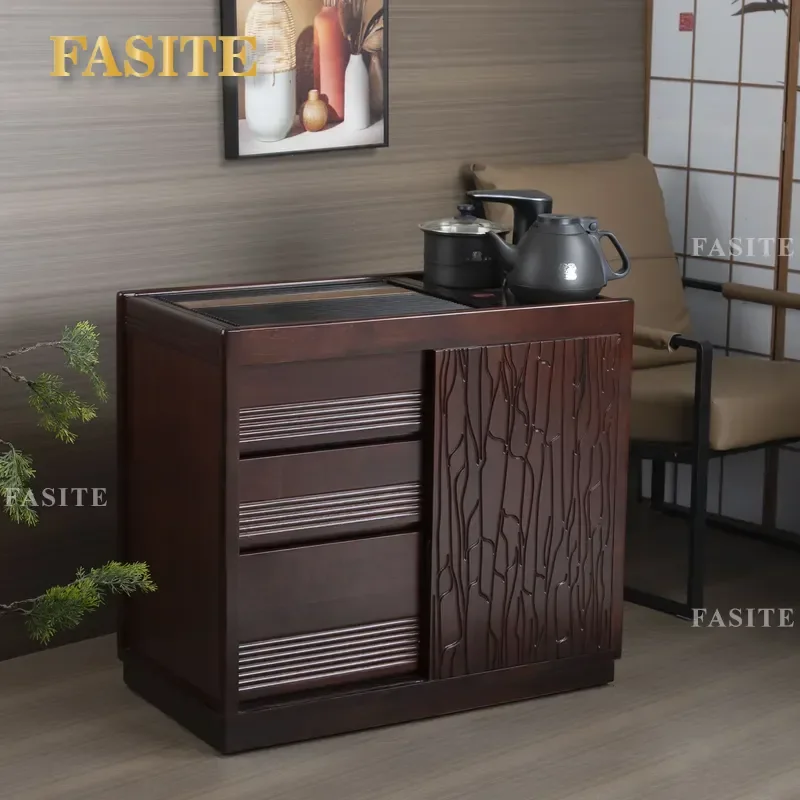 For New Chinese Style Red Brown Solid Wood Tea Cabinet Boiling Water and Making Tea Integrated Home Office Side Cabinet