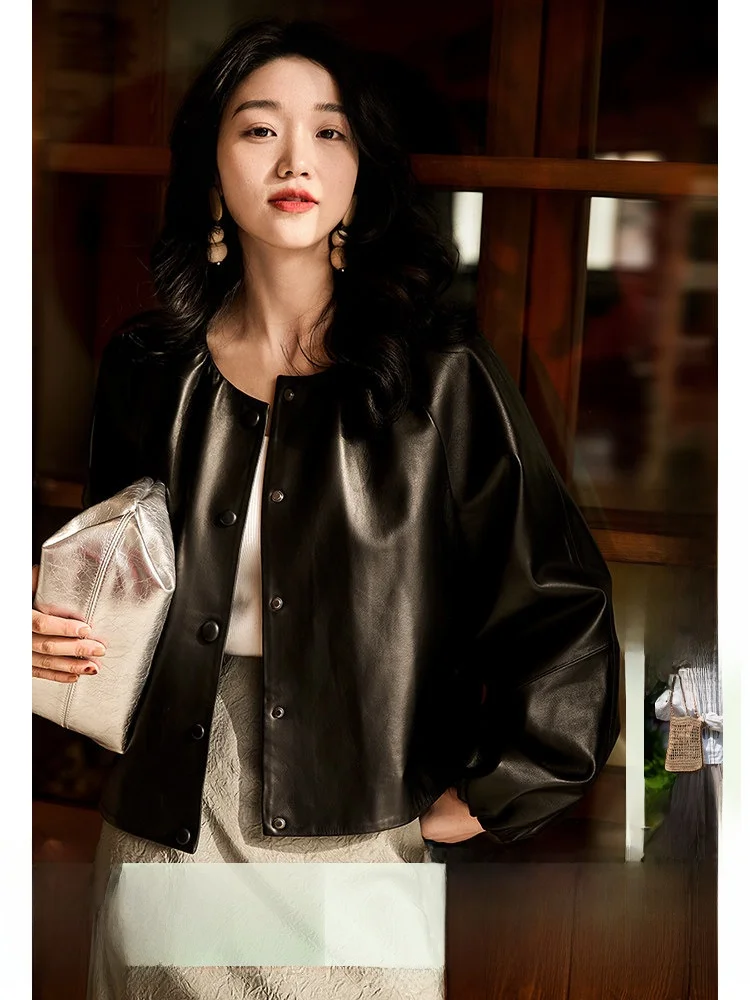 

Cloud Wool Lightly Treated Sheepskin Loose round Neck Bubble Sleeve Leather Jacket Women's Spring 2026 Xhange Fashion Brand