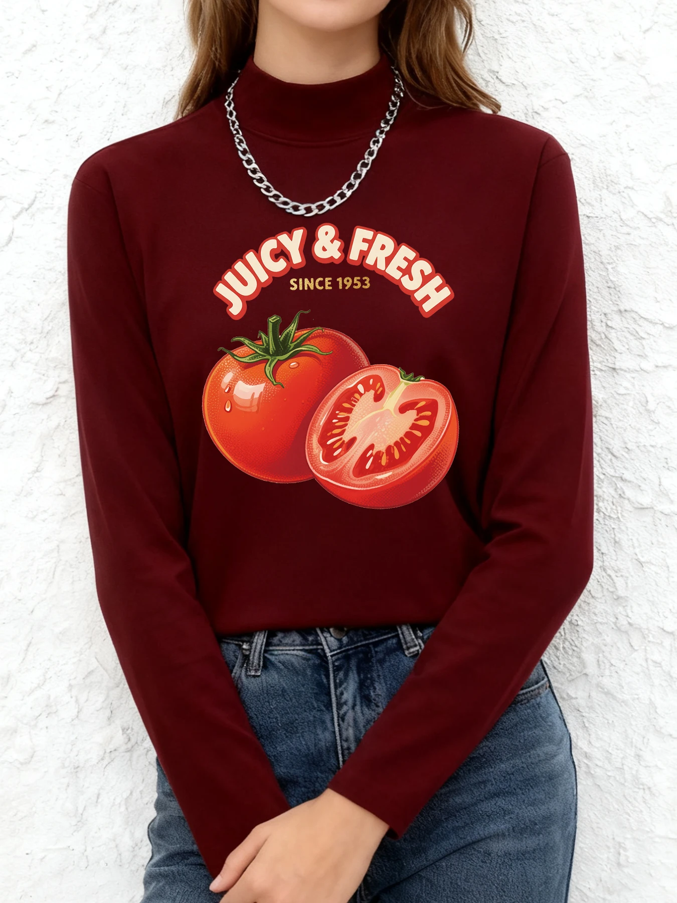 

Женская блузка с воротником-стойкой и длинными рукавами JUICY FRESH SINCE 1953, с принтом слайсированного томата, пуловер в стиле K-Fashion, уличная мода