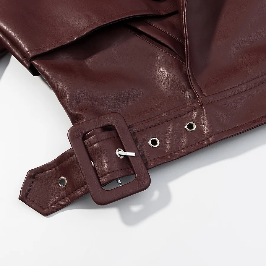 3 ألوان ربيع جديد الأمريكية الرجعية المرأة بولي Leather سترة جلدية التلبيب طوق مشبك حزام تنحنح معطف طويل الأكمام ملابس خارجية قصيرة فضفاضة
