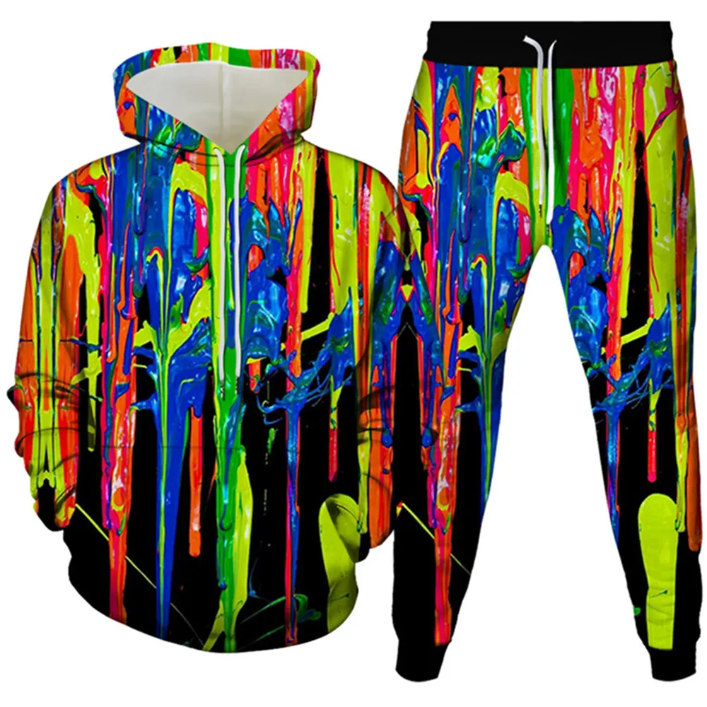 Men Fashion Colorful Paint Whirlpool Chequered Vortex 0 1 Print Clothes Sets Women Hoodies+Trousers 2pcs Suit Plus Size