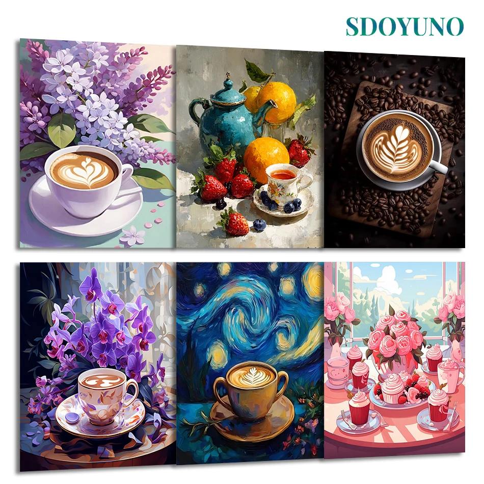 

SDOYUNO Painting By Number Adults Abstract still life Coffee Dim sum Digital oil paintings Set Handmade Wall Art Picture Gifts