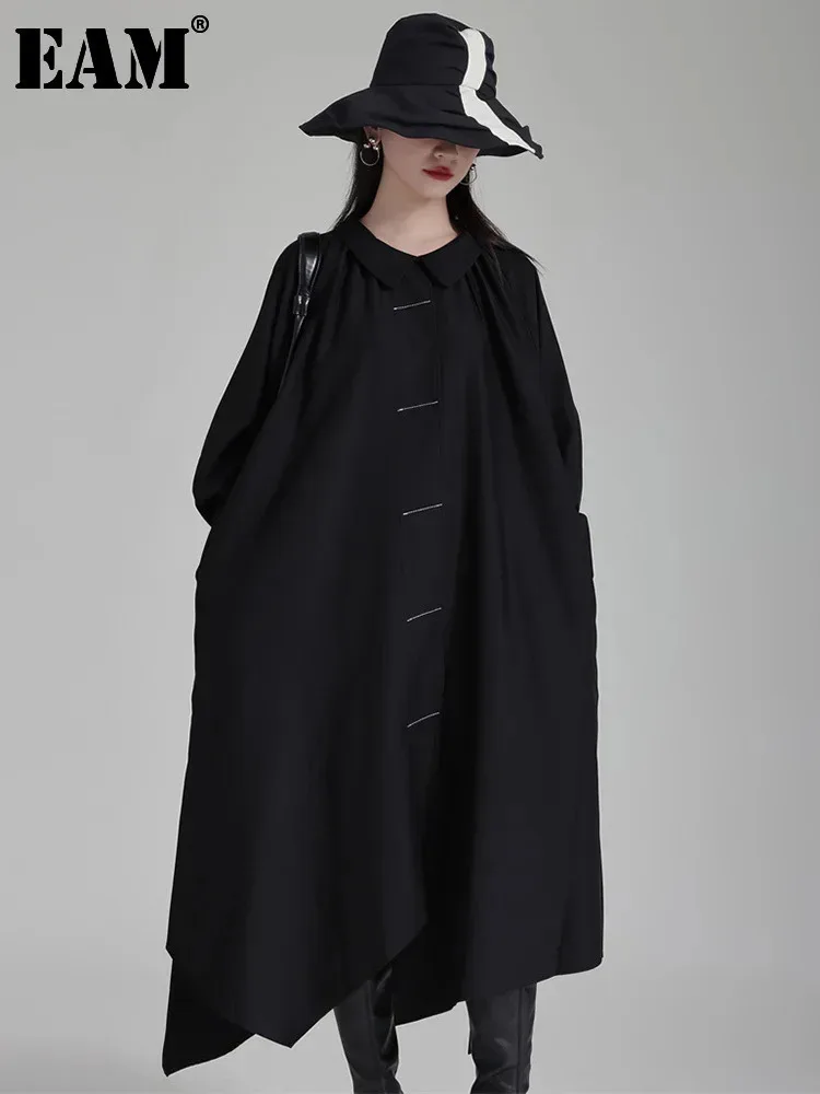 [EAM] Women Black Big Size Midi Shirt Dress New Peter Pan Collar Long Sleeve Loose Fit Fashion Tide Spring Autumn 2024 1DH2780