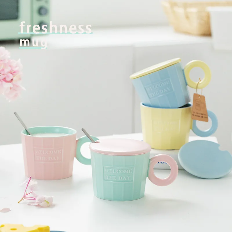 320ml Ceramic Mug Large Capacity Spoon With Lid Couple Water Cup Welcome The Day Coffee Cup Children's Simple Mug