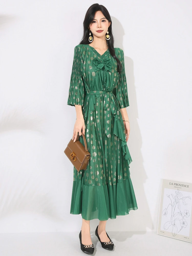 

Luxury Solid Bow Pleated Big Swing Dresses Spring Women Half Sleeve V Neck Dress Autumn High Waist Loose Ankle Length Dress
