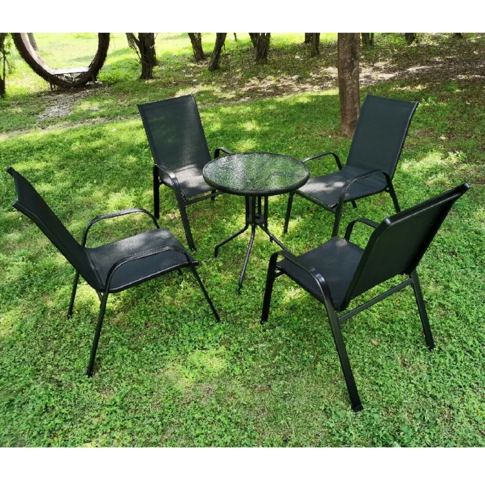 Metal Outdoor Chair Set Stackable Patio Textilene Dining Chair Stack Metal Frame Set of 4, Load Weight 150kg, Black,Brown,Gray image 5