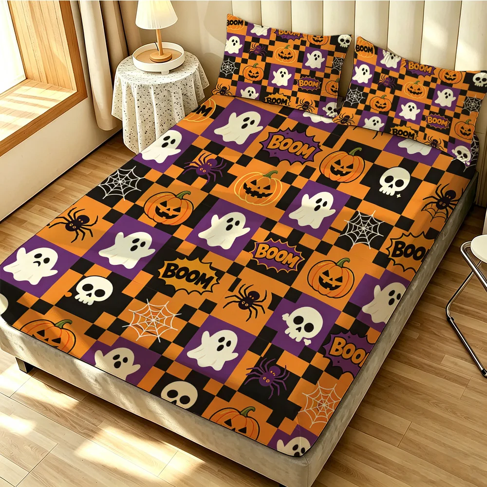 Halloween Checkerboard Pumpkin Ghost Fitted Sheet 3PCS Set Cartoon Spooky Bedding Set 1 Fitted Sheet + 2 Pillowcases
