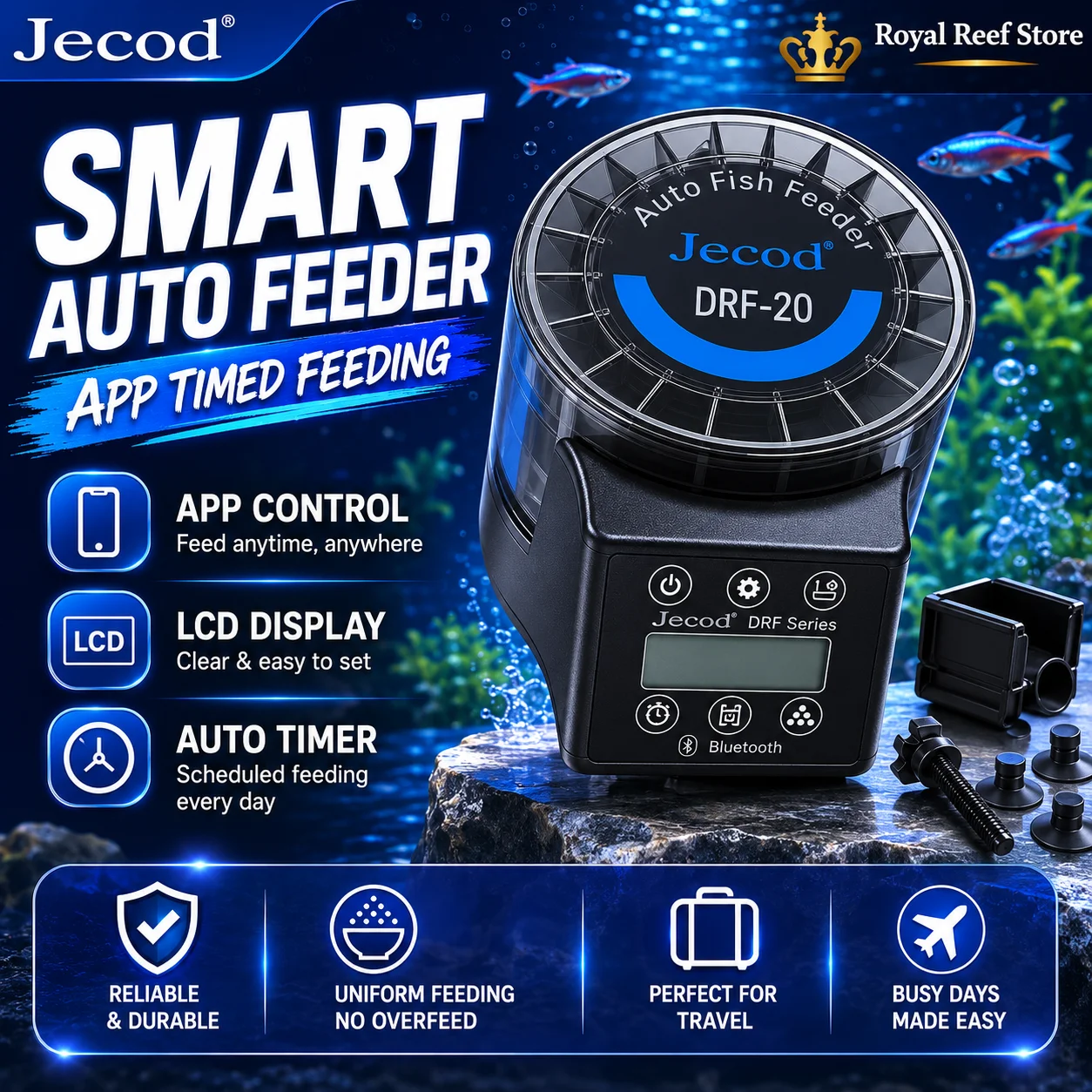 Distributeur automatique de nourriture pour poissons Jebao Jecod DRF15 DRF20, contrôle par application, nourrisseur automatique intelligent pour aquarium, minuterie LCD, distributeur de nourriture